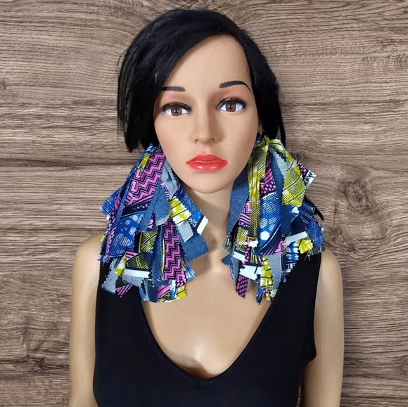 New Handcrafted tassel earrings made from African Print and Denim fabric. - Picture 3 of 5